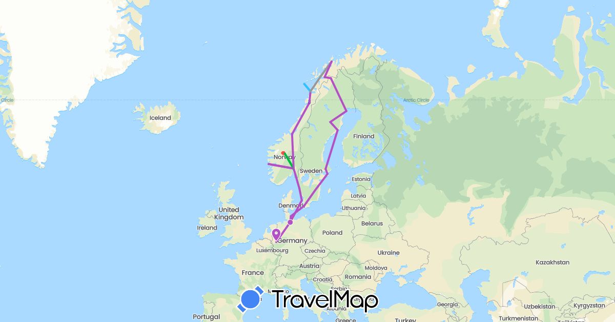 TravelMap itinerary: driving, bus, plane, train, hiking, boat in Germany, Norway, Sweden (Europe)
